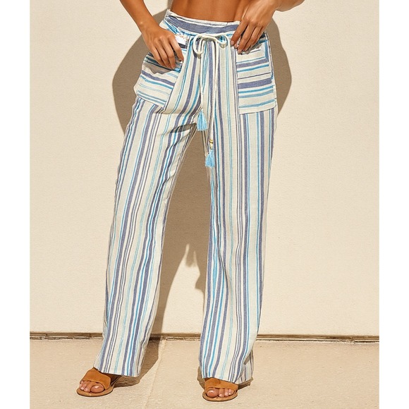 beau dawson Pants - Beau Dawson LA NY Womens Linen Striped Drawstring Pants sz M Beach Casual Boho
